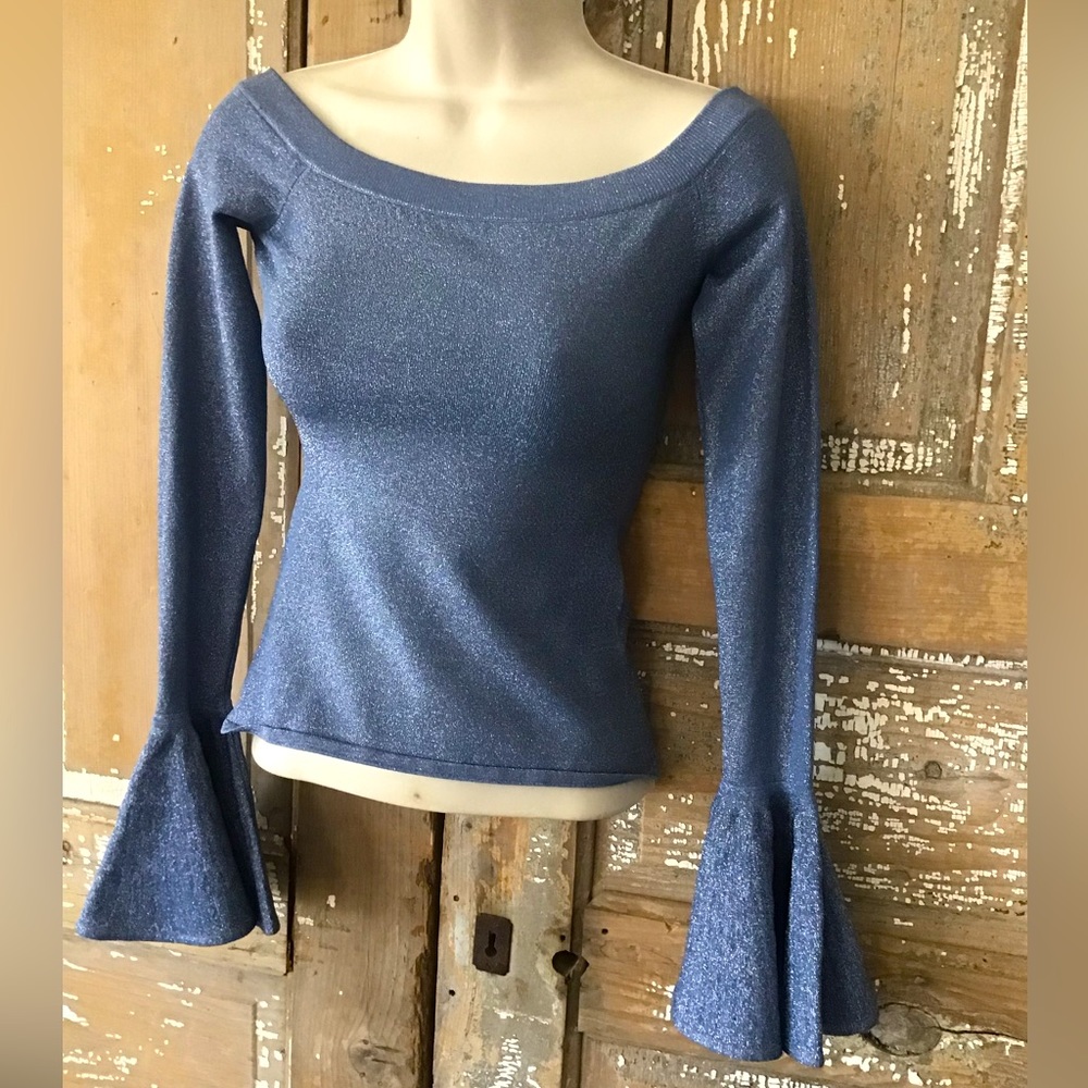 Caroline Costas Off Shoulder Bell Sleeve Top Sz XS Blue Sparkle